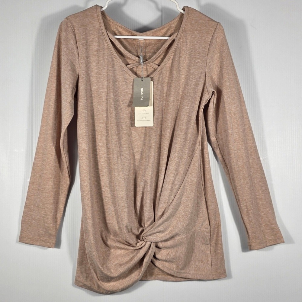 Niashot Womens Long Sleeve Crisscross V-Neck Twist Front Knot Top Heather Tan S